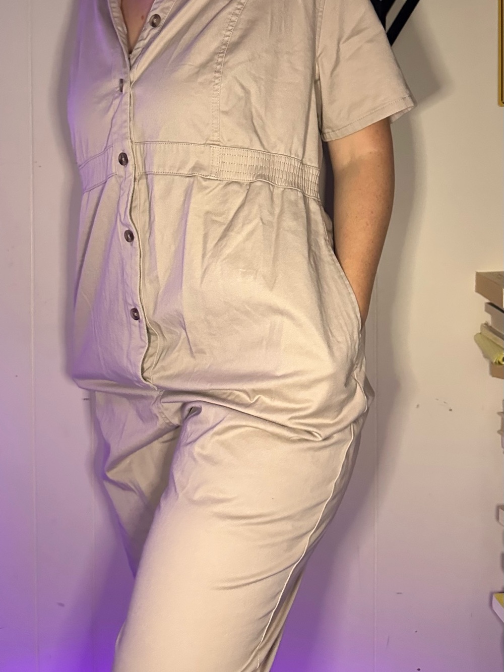100% Cotton Beige Maternity Short-Sleeve Jumpsuit SHORT or Capri